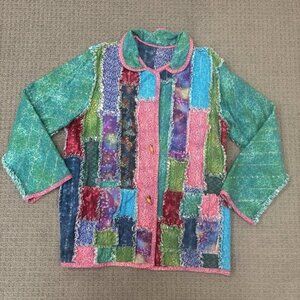 VTG Handmade Jacket Large Rainbow Felt Patchwork Pockets Collar Lightweight 90s